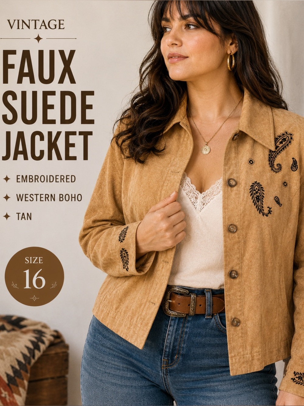 Vintage Tan Suede Embroidered Jacket | Stevie Nicks Western Boho Size 16